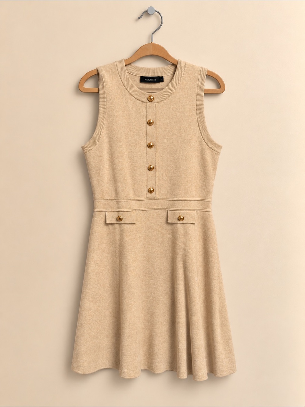 Designer-Inspired Sleeveless Beige Knit Dress with Gold Buttons - Sz M NWT